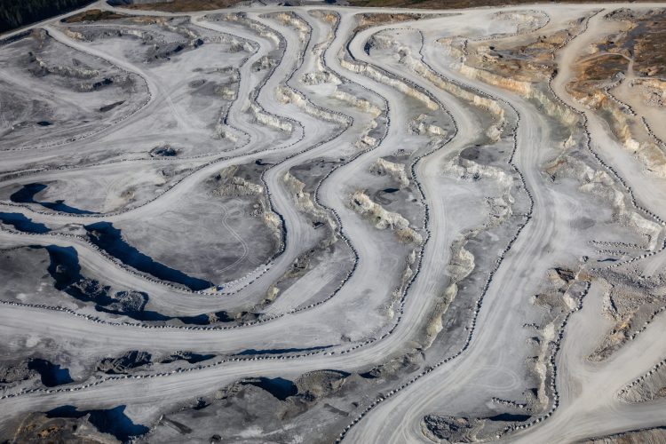 Aerial view from airplane of Coal Mining Industry on Texada Island, Powell River, Sunshine Coast, BC, Canada.